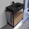 Modern Powder Room Console Vanity with Natural Brown Oak Cabinet, Black Marble Style Sink, 35 Inch, Free Standing